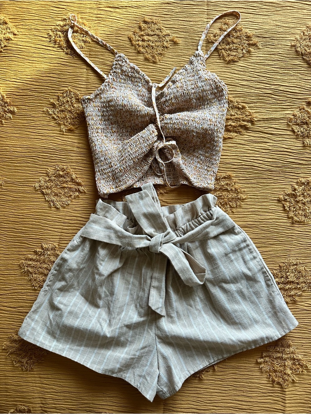 High-Waist Linen-Blend Paperbag Shorts in Light Beige